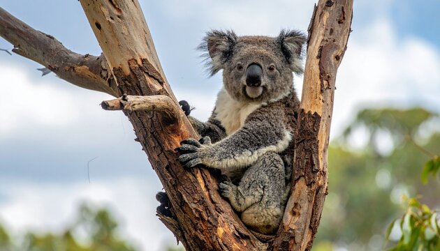 Two koalas cuddling on a tree branch in a sunlit forest, symbol of affection and habitat, editorial style with gentle wildlife energy.