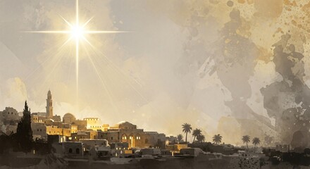 Bethlehem Star of Wonder Biblical Christmas Scene Holy Night Nativity Art Illustration
