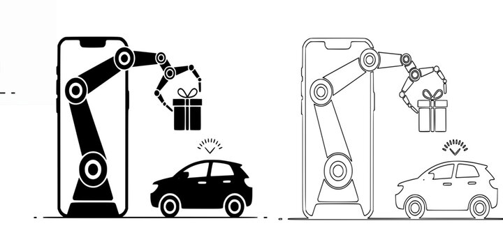 AI Robotic Arm Delivers E-commerce Package to Connected Car, Representing Automated Online Shopping, Smart Vehicle Technology, and Futuristic Mobility Services