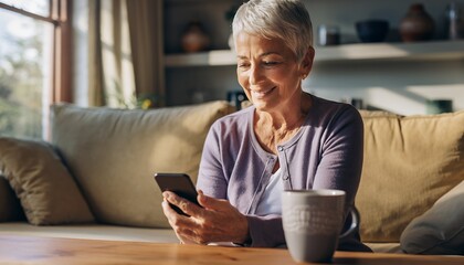 Elderly Woman Smiling Using Smartphone Sitting on Couch in Cozy Living Room