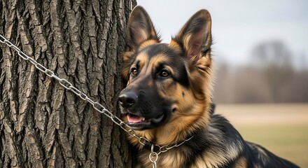 German Shepherd Dog Leashed to Tree in Natural Outdoor Setting.