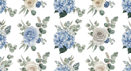 Floral Fantasy: A whimsical seamless pattern, featuring delicate clusters of blue and cream roses intertwined with soft eucalyptus. Perfect for adding a touch of floral elegance.