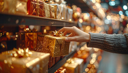 Gift Selection: A hand delicately selects a radiant gift box from a shelf filled with assorted presents, evoking feelings of anticipation and the spirit of giving.