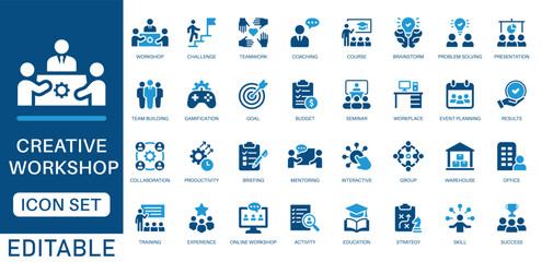 Workshop icon set. featuring team building, collaboration, teamwork, coaching, problem solving, Education, Presentation, Strategy and more icons. perfect for Workshop vector icon collection.