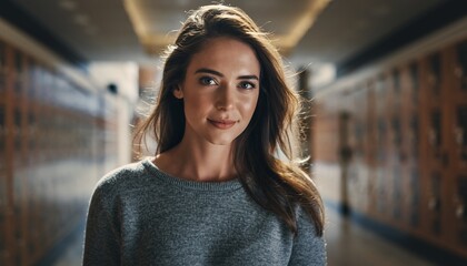 Young Woman with Long Brown Hair Wearing Gray Sweater Standing in School Hallway
