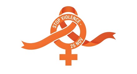 Orange ribbon with female symbol and text for awareness campaign