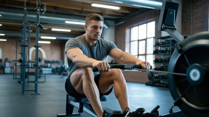 Focused man powerfully rowing in modern gym, intense workout motion - Powered by Adobe
