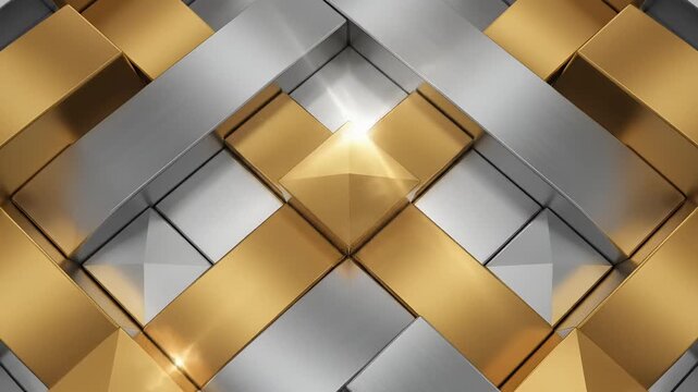 Dynamic 3D abstract background featuring a luxurious blend of shimmering gold and textured silver metallic geometric blocks and pyramidal shapes Elegant modern 