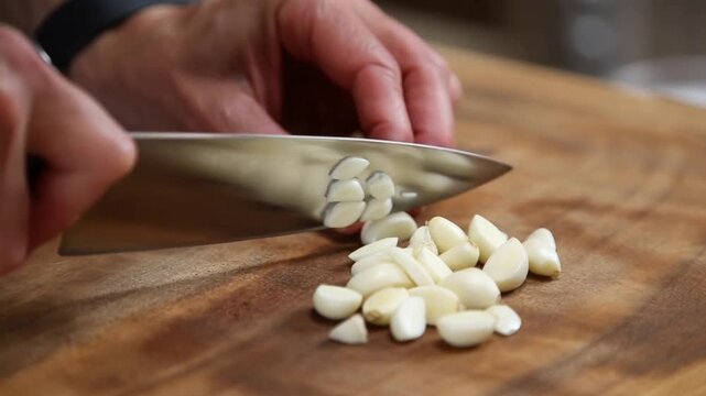 A close-up shot of hands expertly cutting cloves of fresh garlic on a wooden cutting board Stock Video