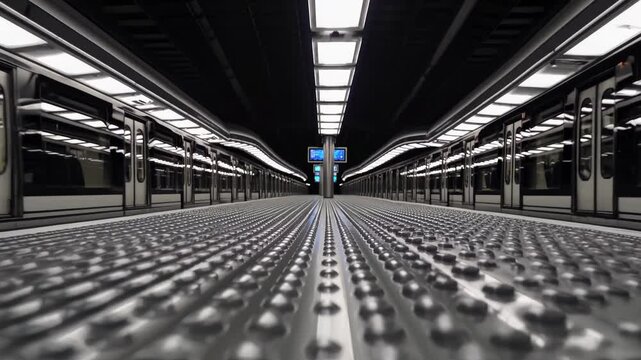 Low angle subway platform floor with tactile paving, converging lines toward distant signage, fluorescent ceiling lights, metallic train doors, silent empty station mood, modern transit
