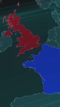 Vertical portrait, zoom in to the map of English Channel between UK and France with text, textless
