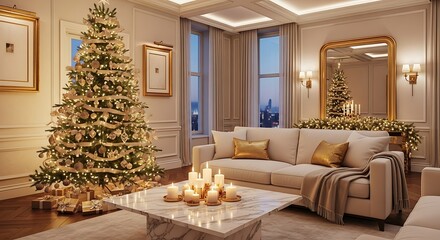 Elegant living room decorated for christmas with tree and cozy decorations