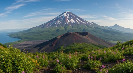 Majestic Snow-Capped Volcano and Lush Green Landscape with Lake Under Blue Sky.