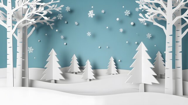 Paper forest scene with falling snow