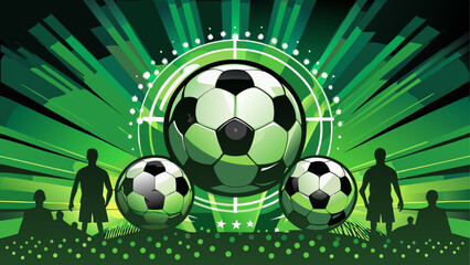Naklejka premium Three soccer balls with green background