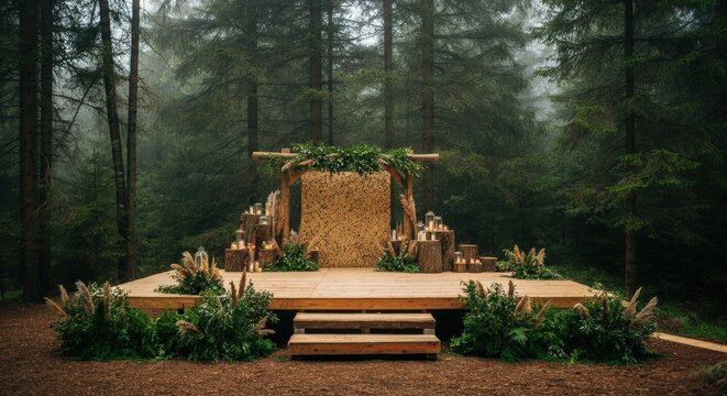 Outdoor Wedding Altar Surrounded by Lush Green Forest and Misty Atmosphere