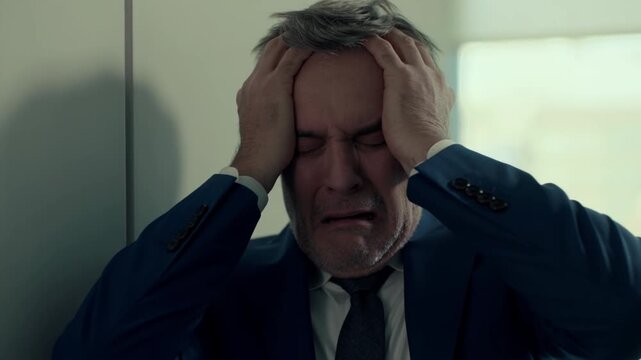 An emotionally stressed man in a suit is holding his head with his hands. He is looking down, showing the strain of a difficult situation. Stock Video