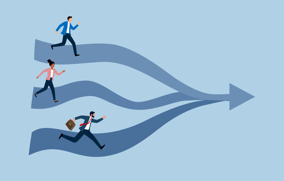 The path of business, creating opportunities and competition, Three businesspeople run on the three race track to compete for a single exit. Vector design illustration.