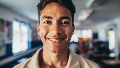 Obraz premium Young Smiling Man Wearing Light-colored Shirt Inside Bright Modern Cafe