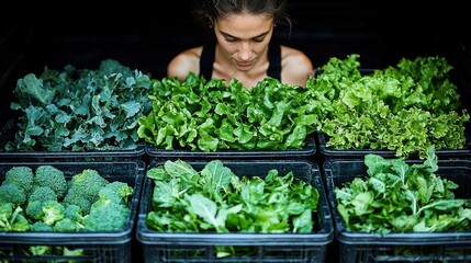 Woman inspecting fresh green vegetables at a market