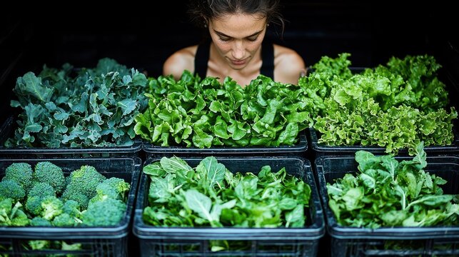 Woman inspecting fresh green vegetables at a market