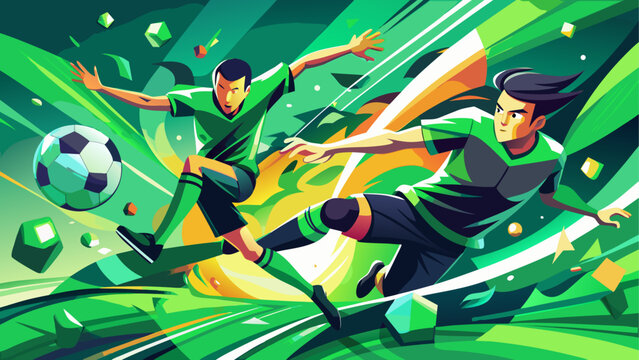 Two soccer players kicking the soccer ball