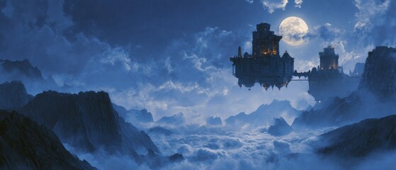 Fototapeta premium Floating fortress above clouds at night