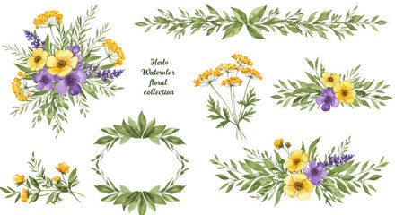 Obraz premium Floral Watercolor Arrangement: A delicate watercolor arrangement of various flowers and green leaves creating an eye-catching illustration.