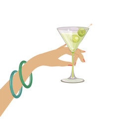 A woman's hand holding a martini glass on an isolated background. Template for a postcard, greeting card, or invitation.