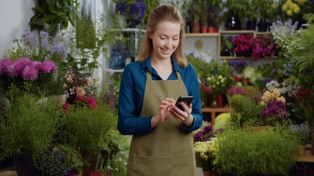 A florist smiling and using a smartphone surrounded by vibrant flowers and plants Stock Video