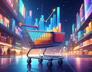 A vibrant shopping cart filled with colorful data charts representing growth against a blurred cityscape background