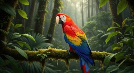 Pixelated Scarlet Macaw Perched on a Mossy Branch in a Lush Sunlit Rainforest