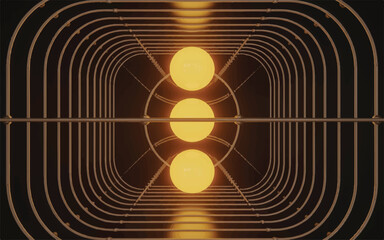 Three Radiant Spheres Aligned in Perfect Symmetry, Bound by Metallic Arcs and Golden Geometry, Illuminating the Darkness with Order and Energy. 