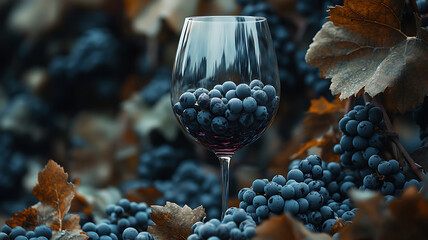 Wine grapes still life composition in vineyard with focus on glass filled with dark fruits ready to make wine