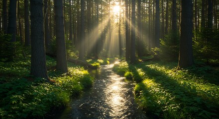 Obraz premium Sunlight streams through a dense forest, illuminating a small stream and lush green undergrowth.