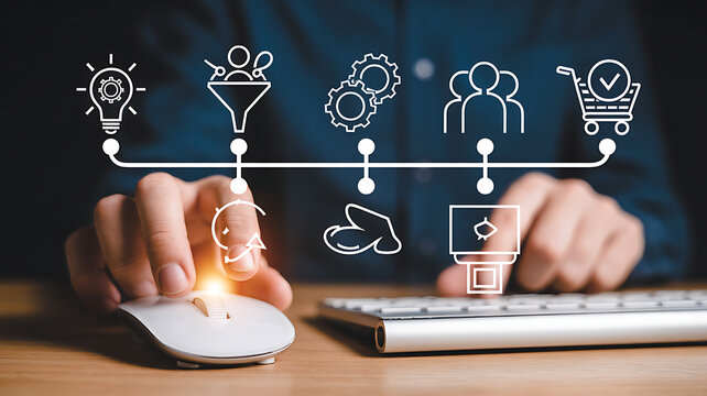 Person using computer mouse and keyboard with business process icons