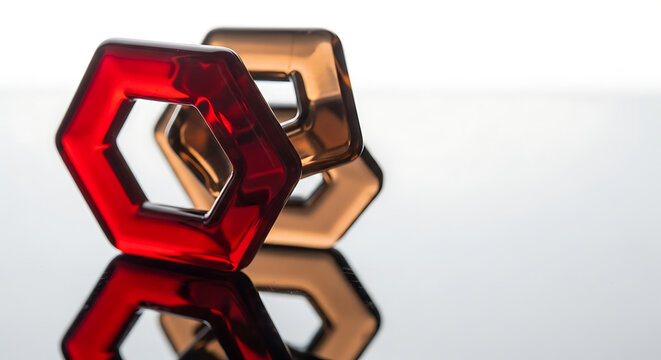 Abstract red and brown translucent hexagons on a reflective surface. Modern geometric shapes representing connection and technology. Minimalist background with copy space