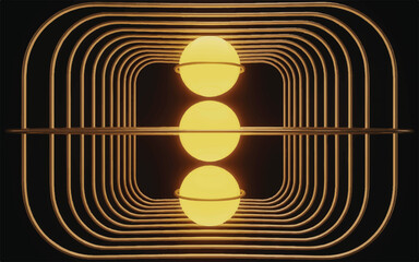 Three Radiant Spheres Aligned in Perfect Symmetry, Bound by Metallic Arcs and Golden Geometry, Illuminating the Darkness with Order and Energy. 