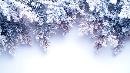 Winter foliage edging with frost crystals creating an elegant festive border on a pale background inviting calmness and serenity with space for text