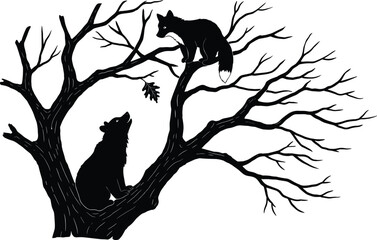Bear cub and fox in tree, black and white silhouette, wildlife interaction illustration, forest animal graphic, nature scene vector © MstRostama