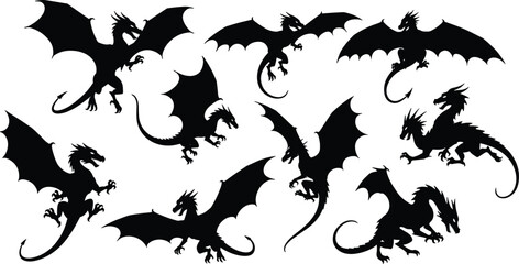 Dragon silhouette vector, mythical flying beast, fantasy creature icon, black graphic design, tattoo style illustration, stock artwork, emblem