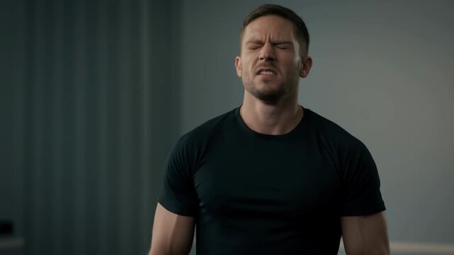 A man showing distress, expressing the weight of an experience through his facial expression, with a serious face  Stock Video
