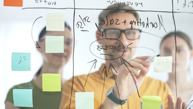 Professional team strategizing, writing collaborative notes on glass board, mapping innovative project workflow with marker - Powered by Adobe