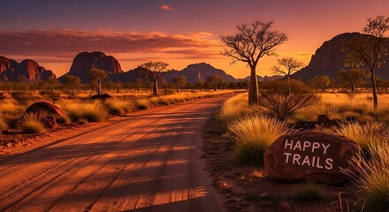 Scenic Desert Landscape at Sunset with Happy Trails Sign.