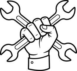 Fist holding crossed wrenches, black and white vector, labor symbol illustration, industrial strength icon, mechanical graphic, stock artwork