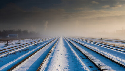 Multiple snow-covered train tracks stretching into a misty, hazy winter landscape under an overcast sky.