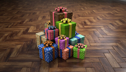 A stack of colorful wrapped gift boxes with bows on a wooden herringbone floor.