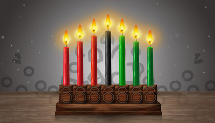 A wooden Kinara with seven lit candles (three red, one black, three green) on a wooden surface, celebrating Kwanzaa.
