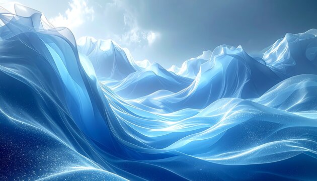 An abstract, ethereal depiction of rolling, translucent blue waves under a cloudy sky, suggesting a frozen landscape