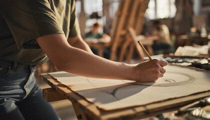 A person's hands drawing on paper with a pencil in an art studio, surrounded by other artists.